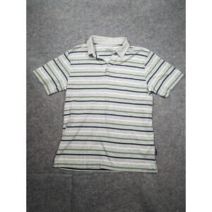 Patagonia Mens Medium Organic Cotton Gray Green Blue Striped Polo Comfort